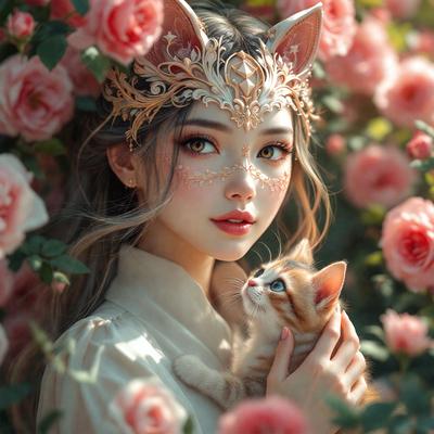 The primary subject of the image is a woman wearing a cat-themed headpiece, holding a small cat in her arms. The setting is a garden with pink flowers surrounding the woman and the cat. The visual style is a combination of photo and digital art, creating a unique and artistic representation of the scene. The dominant colors are pink and white, giving the image a soft and delicate atmosphere.